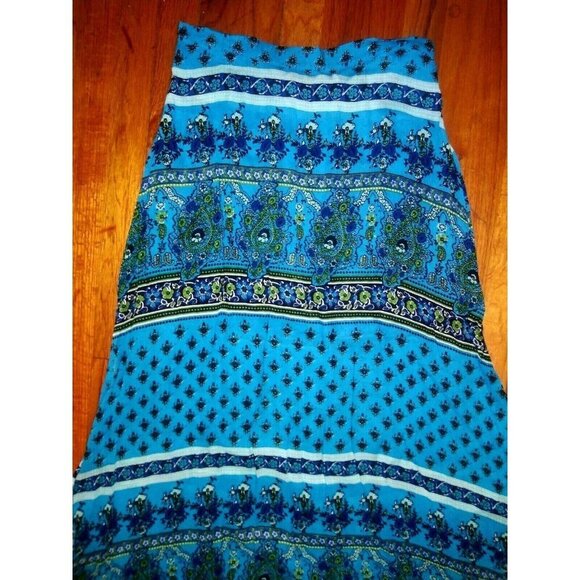 Womens L maxi skirt Cottagecore Peasant modest Boho printed teal blue side slits - Picture 3 of 11